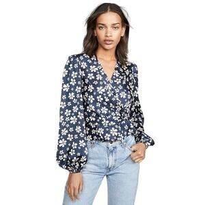 Jill Jill Stuart Marianne Top Floral Balloon Sleeve Peplum Wrap Blouse Blue 0